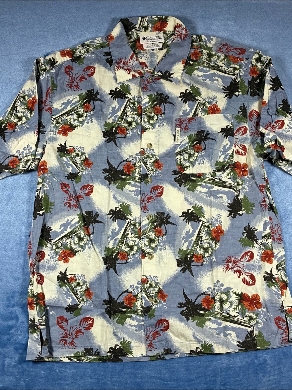 Columbia Blue Floral Hawaiian Button-Down Camp Shirt